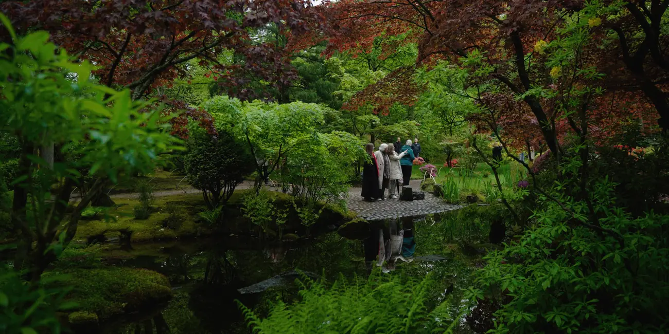 Visitors on a stone promontory reflected in the pond, maples overhead.